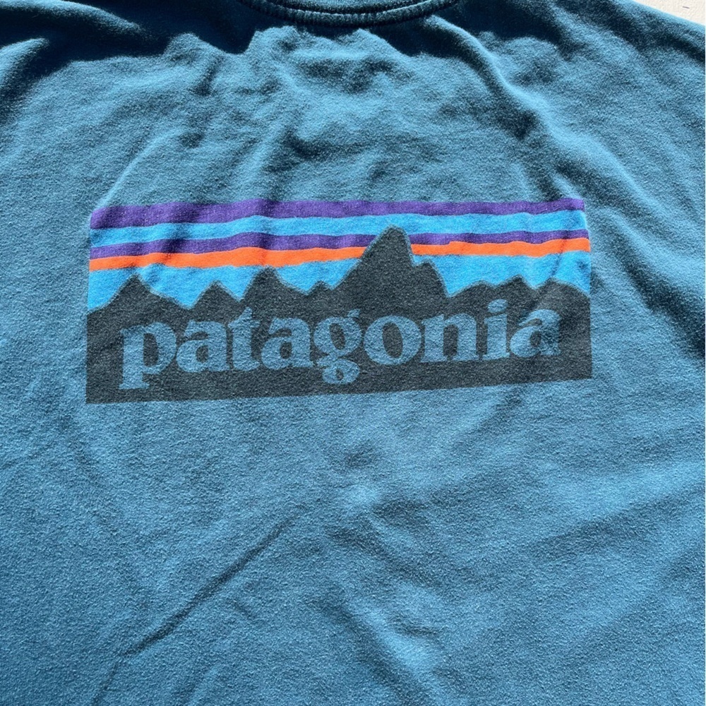 Men's Patagonia T-Shirt Blue Green Spell-Out L Preppy Gorp Responsibili-tee Hip